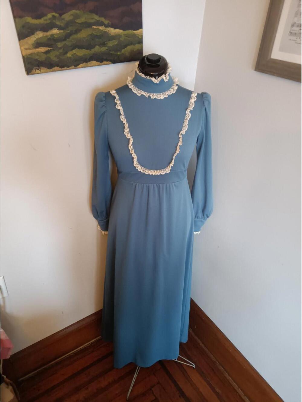 Vintage 1970s Edwardian Style Retro Bridesmaid Dress Long Sleeve Maxi Stretch